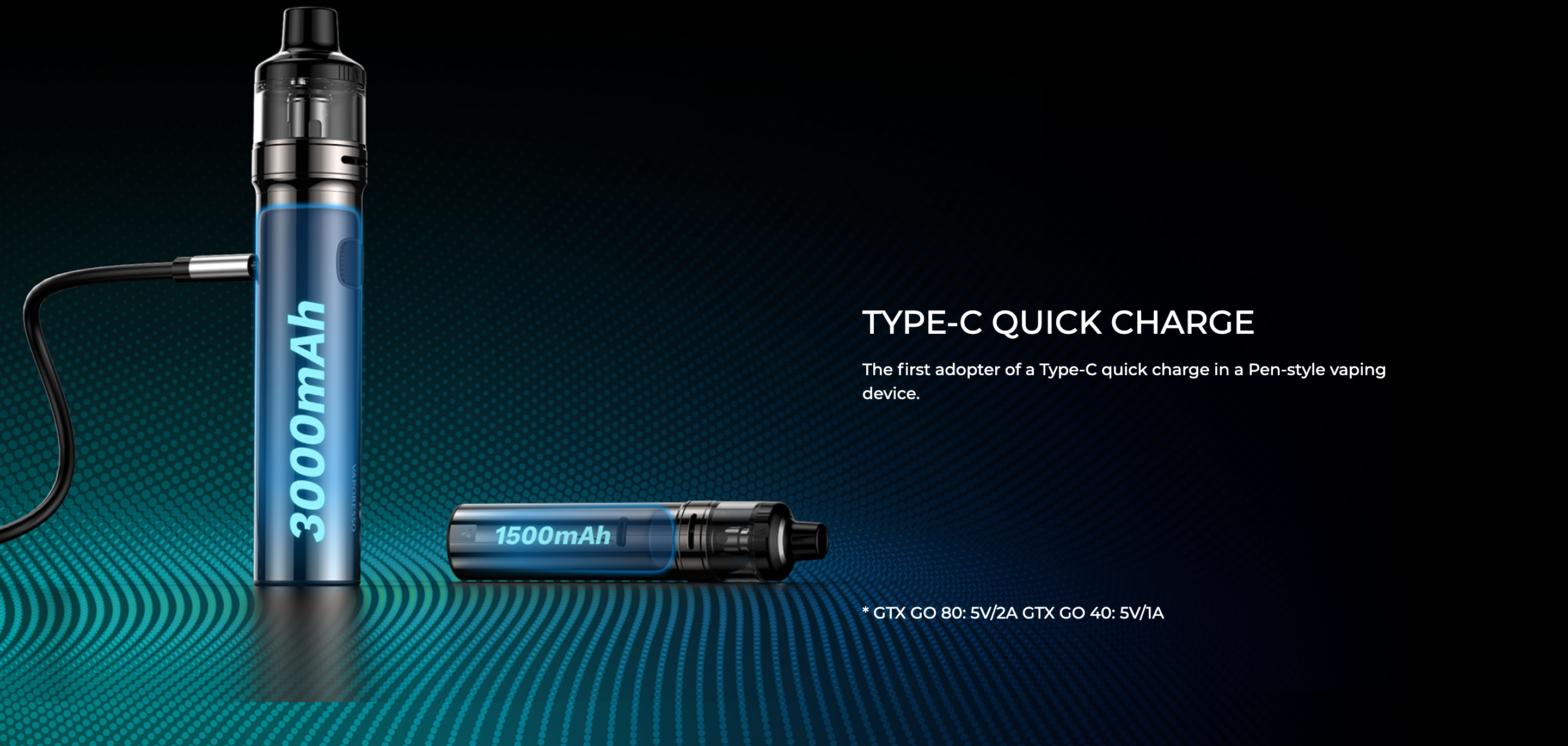 Vaporesso GTX GO 40 Pod Mod Type-C hızlı şarj ve 3000mAh pil gösterimi.